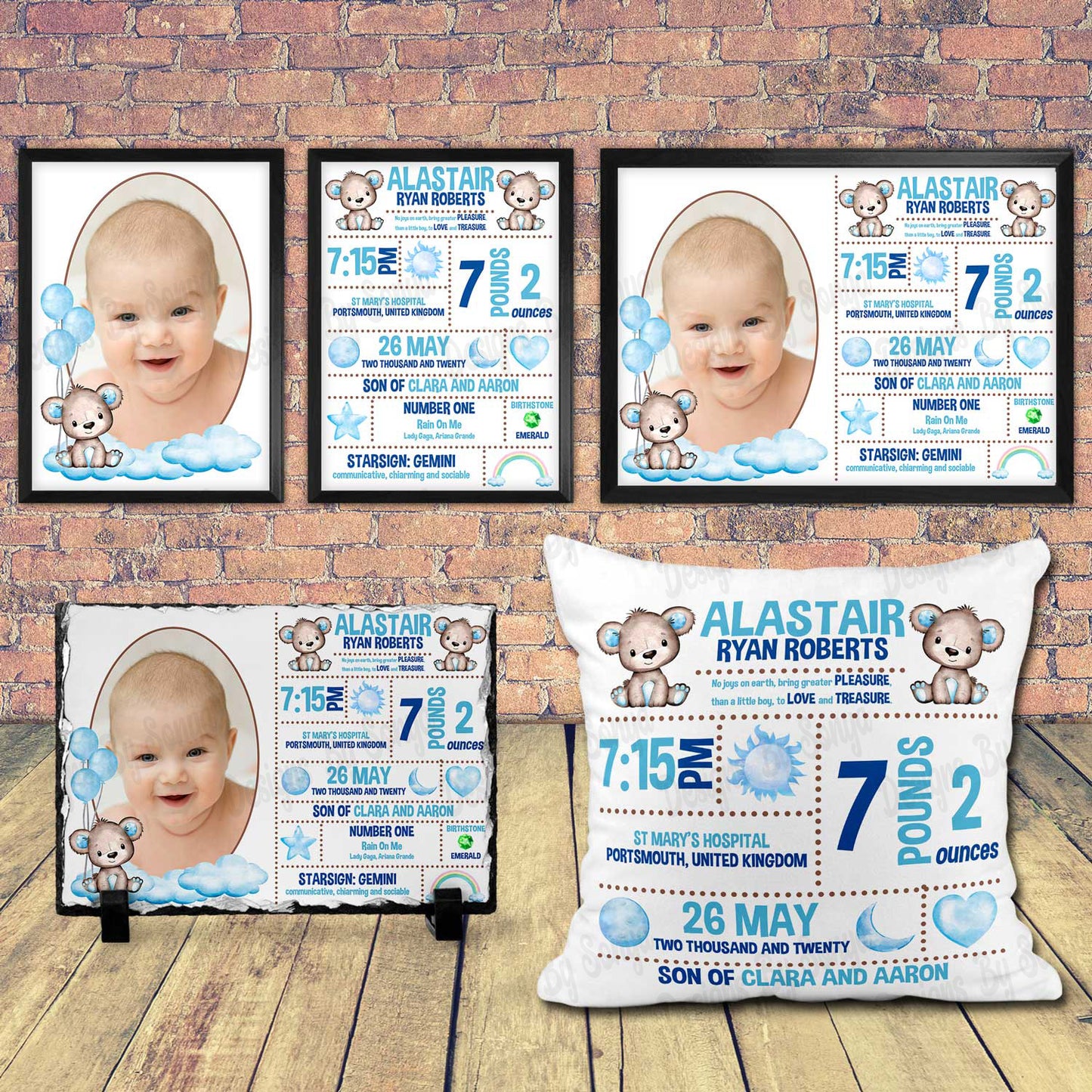 Blue Brown Bear Birth Announcement Design