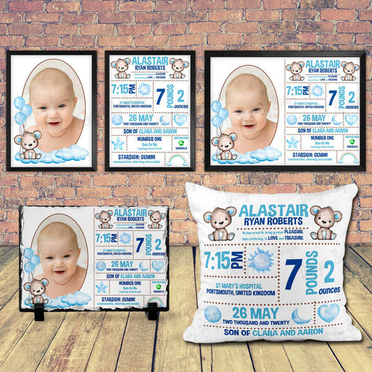 Blue Brown Bear Birth Announcement Design