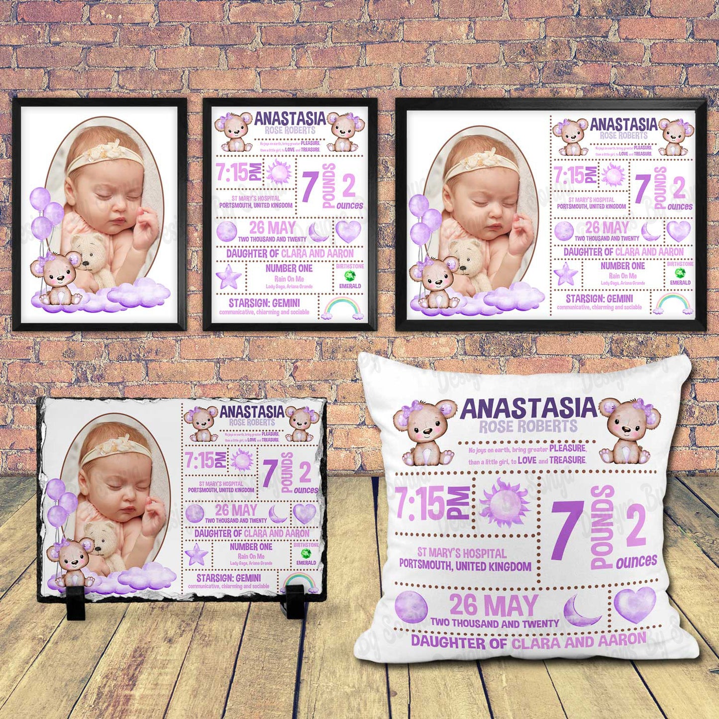 Violet Bear Birth Announcement Design